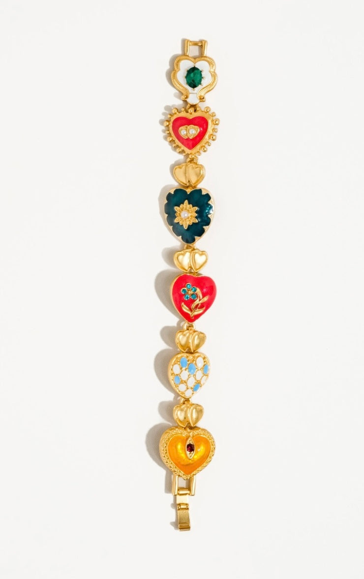 18K gold-plated Vintage inspired Baroque Heart Multi-Color Bracelet