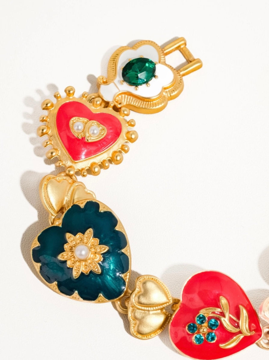 18K gold-plated Vintage inspired Baroque Heart Multi-Color Bracelet