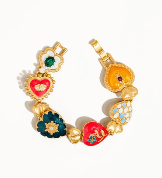 18K gold-plated Vintage inspired Baroque Heart Multi-Color Bracelet