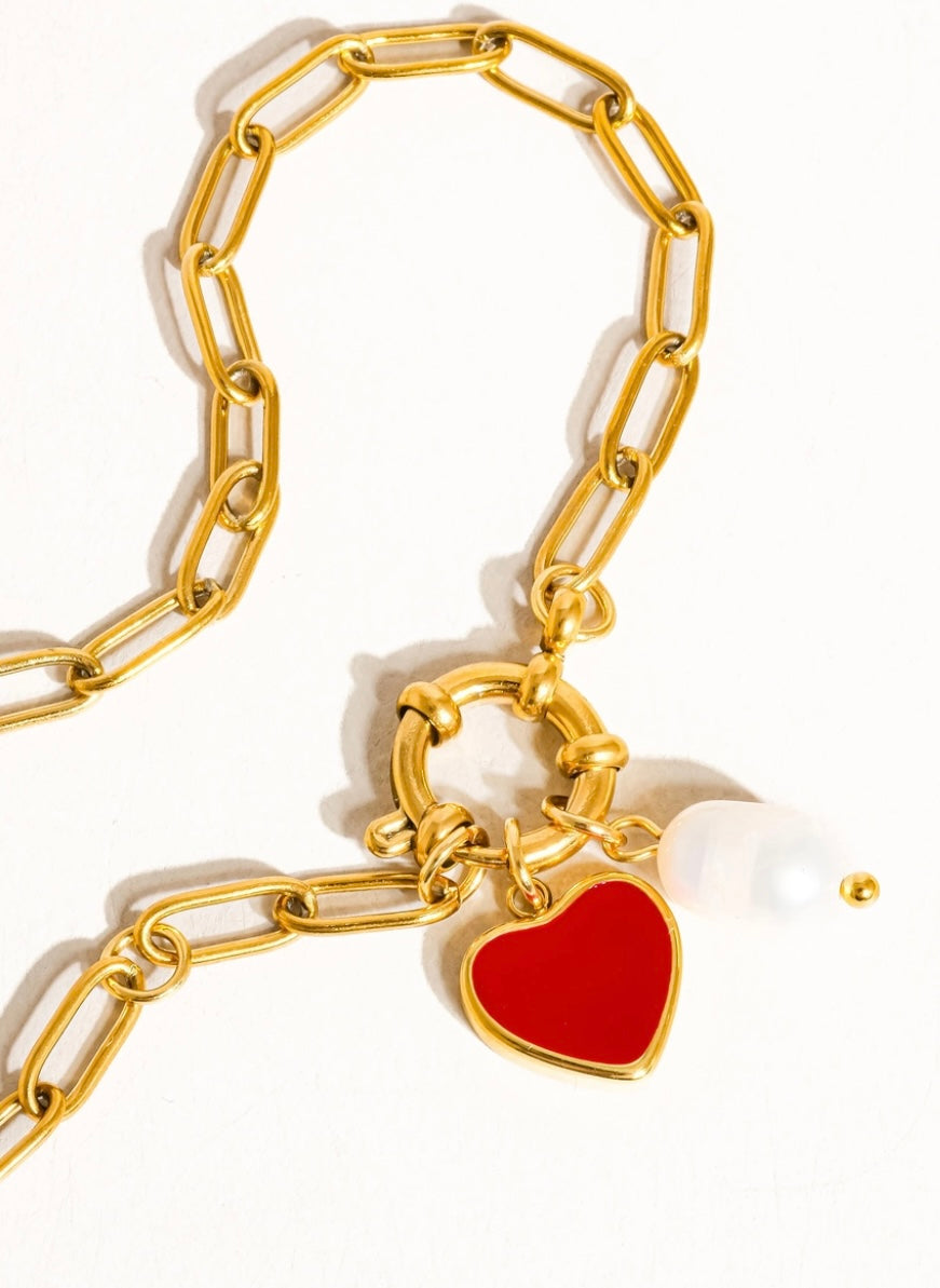 18K gold-plated Heart & Pearl Paper Clip Chain Bracelet