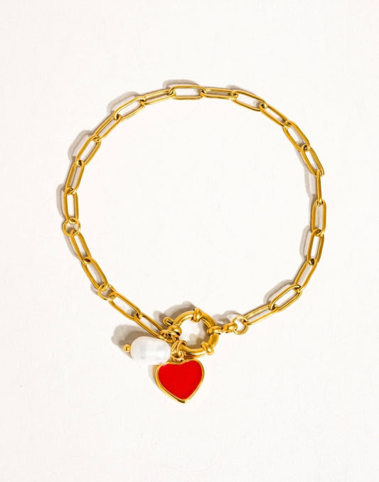 18K gold-plated Heart & Pearl Paper Clip Chain Bracelet