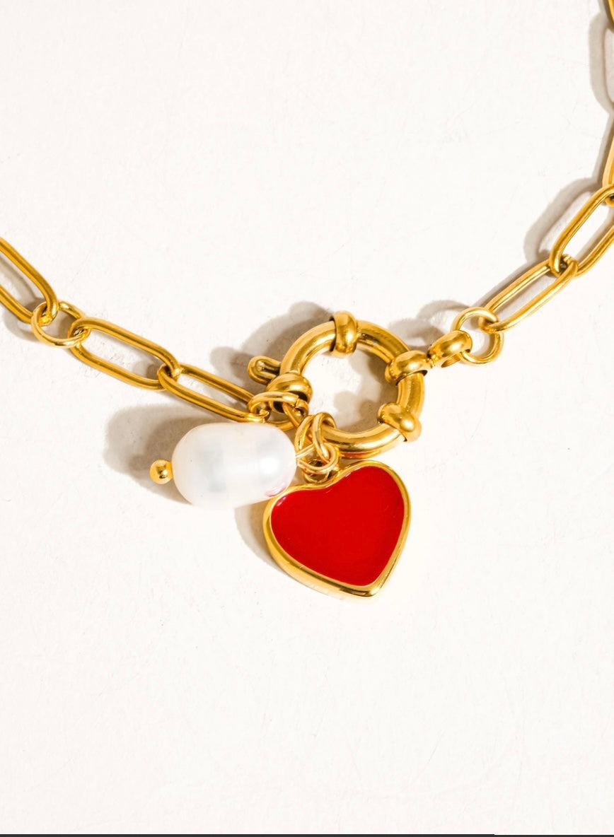 18K gold-plated Heart & Pearl Paper Clip Chain Bracelet